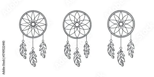 Three Dreamcatchers with Hanging Feathers Outline