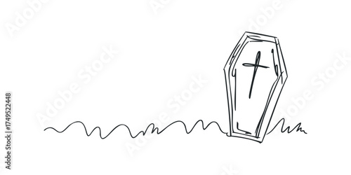 Simple sketch of a coffin with a cross in the grass