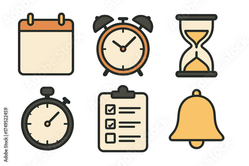 Time management and scheduling symbols showing calendar, alarm, stopwatch, and checklist