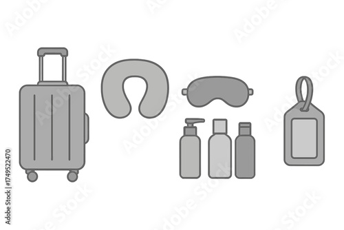 Rolling suitcase, neck cushion, sleeping mask, and small toiletry bottles for travel