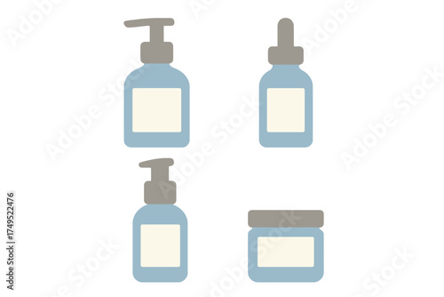 Minimalist set of cosmetic product containers including pump bottles, dropper bottle, and cream jar