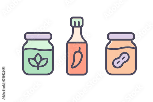 Set of jars and a bottle containing food condiments like herbs and chili sauce