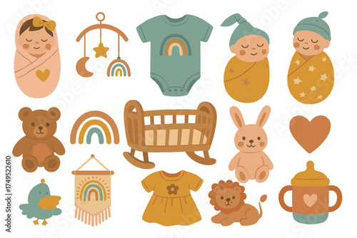 Boho nursery collection with swaddled newborns, wooden crib, stuffed animals, and baby clothing in earthy tones