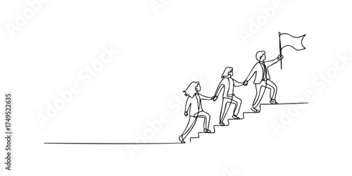 Team climbing stairs holding hands towards flag