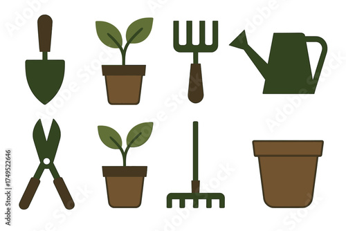 Set of essential garden tools and supplies including trowel rake shears and plant pots