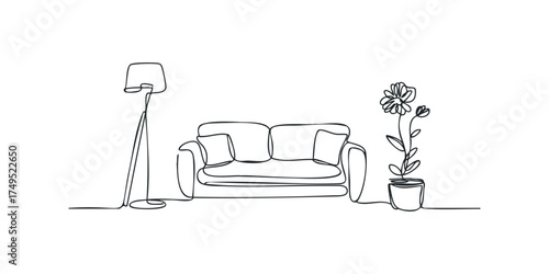 Minimalist line art of sofa floor lamp and potted plant