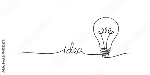 Continuous line drawing of a light bulb with the word idea