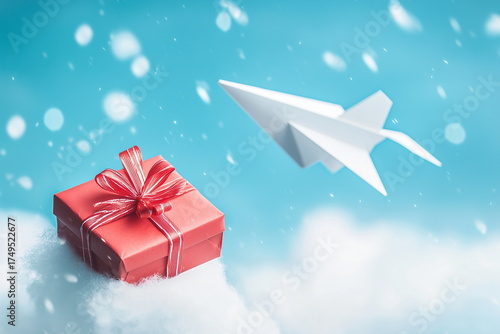 Minimalist Paper Airplane with Christmas Present – Perfect Stock for Holiday Advertising
