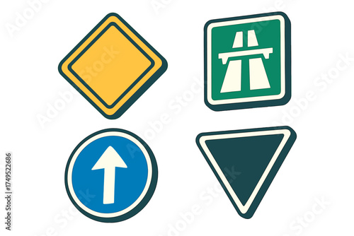 International road signs set including mandatory, warning, and highway symbols