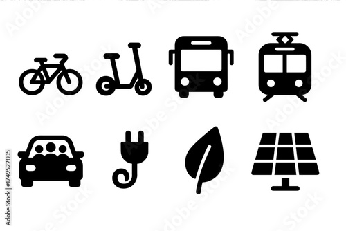 Eco-Friendly Transport Icons. Low Carbon Mobility. Filled icon set of Low Carbon Mobility: bicycle, electric