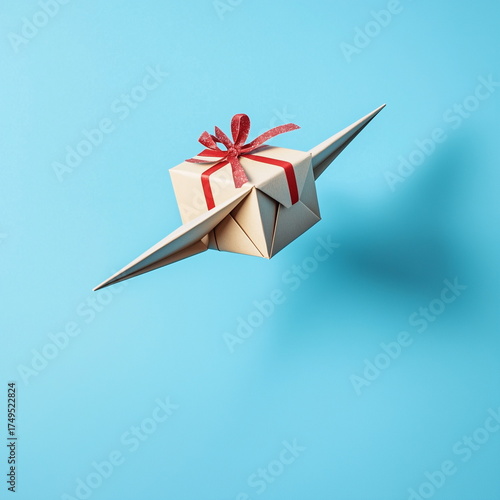 Paper Airplane Flying with Christmas Gift – Holiday Delivery Concept Stock Photo