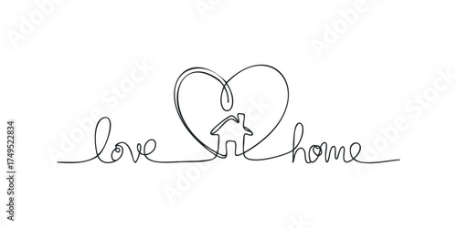 Continuous line drawing of love and home with heart