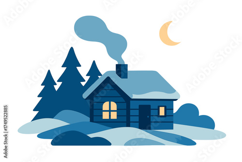 Cozy wooden cabin in a snowy winter forest landscape at night under a crescent moon