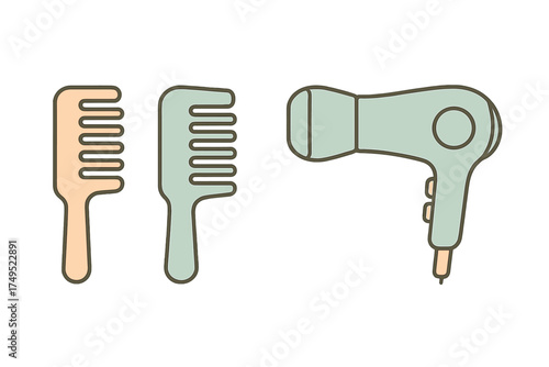 Professional hairdressing equipment set with pastel combs and mint green blow dryer