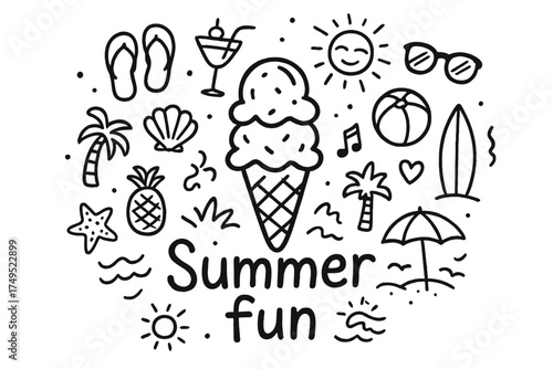 Summer Doodle Delight. Summer fun. Hand-drawn doodle illustration of Summer fun. In the middle, one slightly