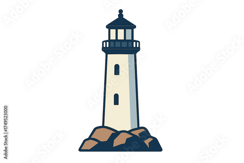 Traditional lighthouse standing on rugged coastal rocks guiding ships at sea