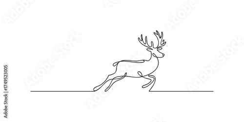 Single line drawing of a deer leaping with antlers