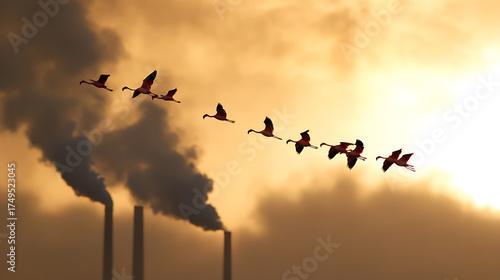 Flamingos in flight. A row of flamingos in flight against a smoky sky, silhouettes against the setting sun, flying away from industrial pollution.