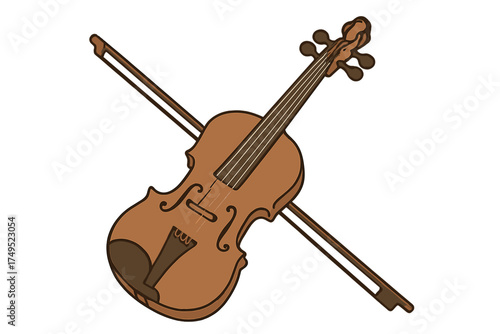 Classic wooden violin musical instrument with bow crossed over the body isolated on a white background