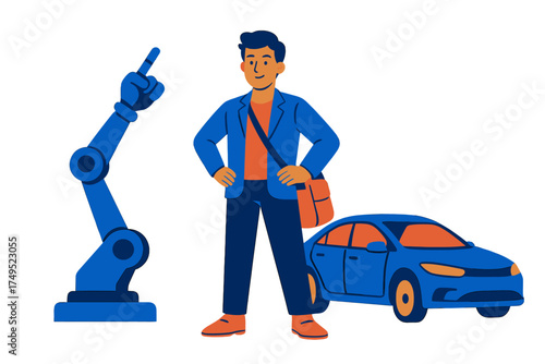 Young professional standing with a robotic arm and a modern sedan car