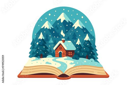 Cozy winter cabin scene with snowy mountains and pine trees emerging from an open storybook pages