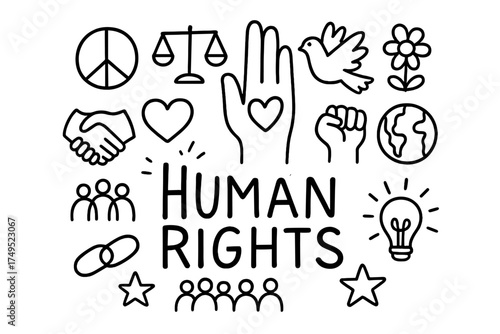 Human Rights Doodle. Human rights. Hand-drawn doodle illustration of Human rights. In the middle, one slightly
