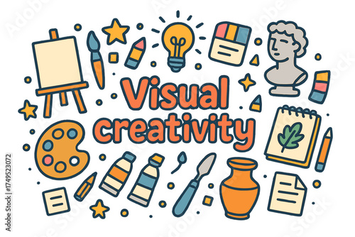 Doodle Art Supplies. Visual creativity. Hand-drawn doodle illustration of Visual creativity. Easel, canvas,
