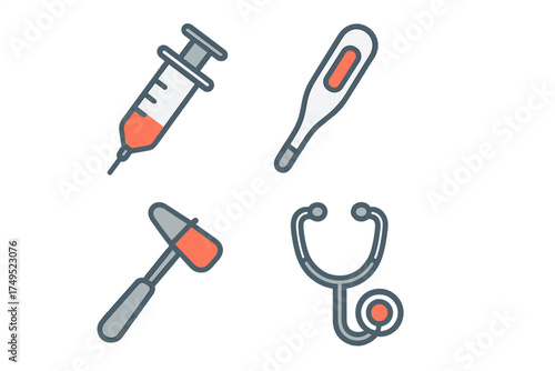 Essential medical diagnostic tools including syringe, thermometer, reflex hammer, and stethoscope