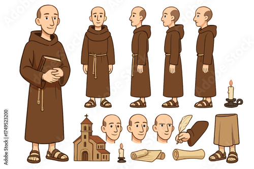 Medieval Monk Character. Cartoon realistic vector illustration, Character constructor style, isolated