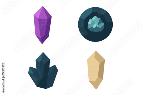 Four colorful geometric crystals and gemstones isolated on a white background