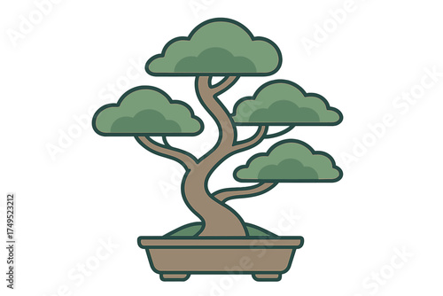 Stylized miniature potted tree with vibrant green leaves and a dramatically curved trunk