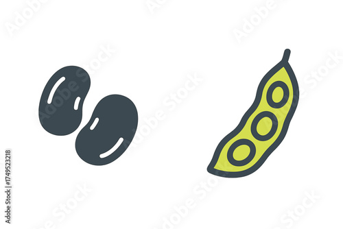 Black beans next to a fresh green soybean pod