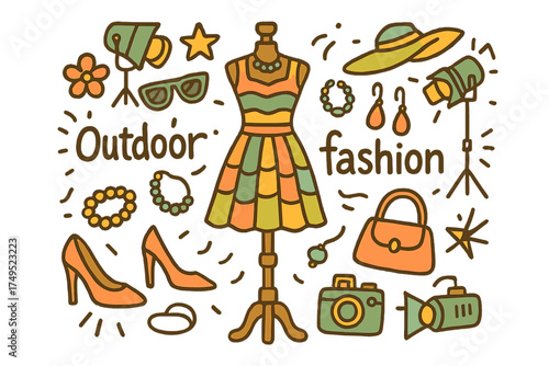 Vibrant Outdoor Fashion Icons. Outdoor fashion. Hand-drawn doodle illustration of Outdoor fashion. mannequin