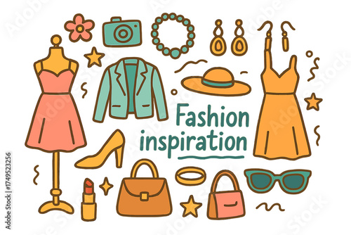 Fashion Doodle Mix. Fashion inspiration. Hand-drawn doodle illustration of Fashion inspiration. mannequin