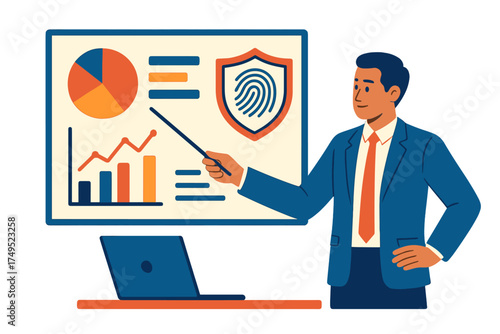 Business presenter discussing financial growth metrics and biometric data protection during a meeting