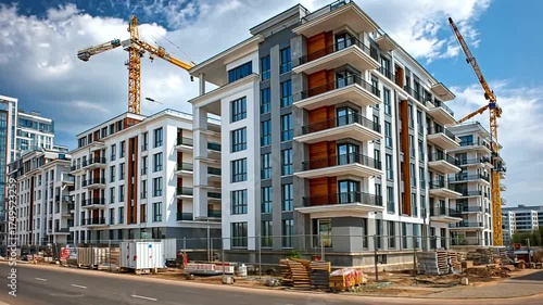 Modern Urban Development Under Construction with Cranes and Blue Sky