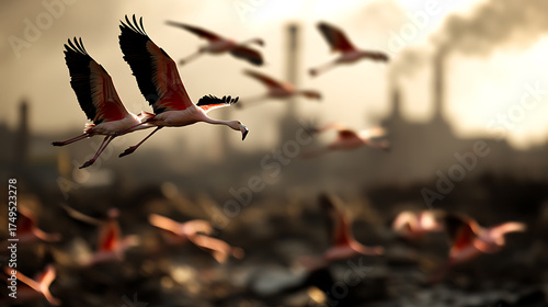 Flamingos in Flight: A flock takes to the skies, wings outstretched against a blurred landscape with industrial elements in the background during golden hour.