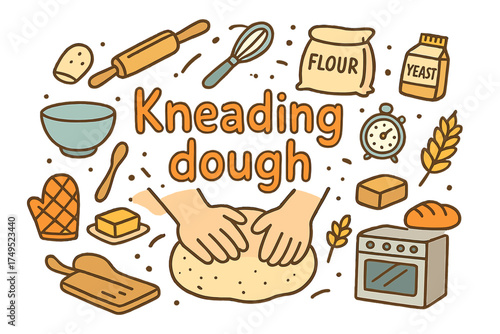 Kneading Dough Doodle. Kneading dough. Hand-drawn doodle illustration of Kneading dough. dough ball, rolling
