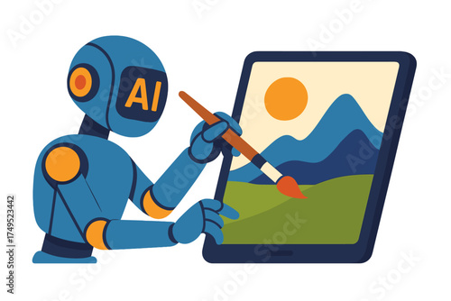 Artificial intelligence robot painting scenic landscape artwork on a large digital tablet