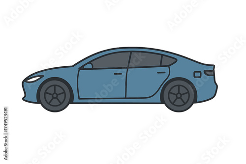 Contemporary four-door passenger vehicle in blue color profile view isolated on white