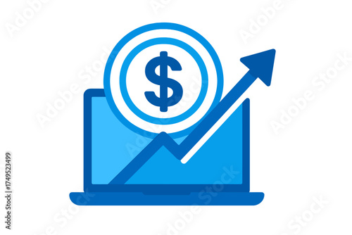 Digital financial growth concept with dollar coin and rising arrow on a laptop screen