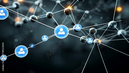 Abstract network connection with user icons and glowing nodes in dark space