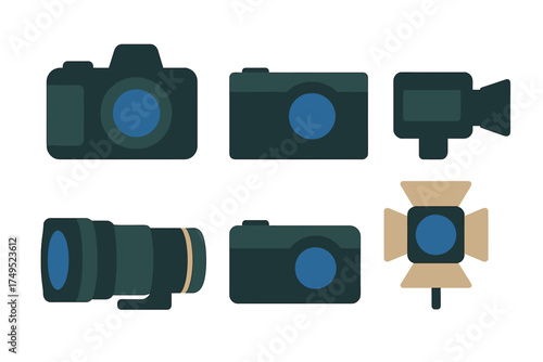 Set of professional photography and videography equipment including cameras, lens, video camera, and studio light