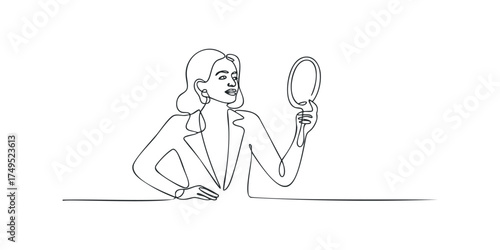 Woman with mirror continuous line sketch