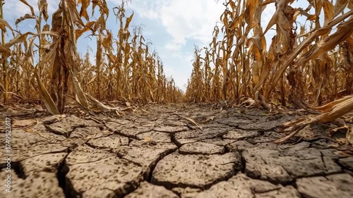 Cracked, dry soil in a cornfield with withered stalks under a blue sky.