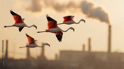 Flamingos in flight against an industrial backdrop create a striking juxtaposition of nature and human impact. Graceful birds contrast with industrial landscape.