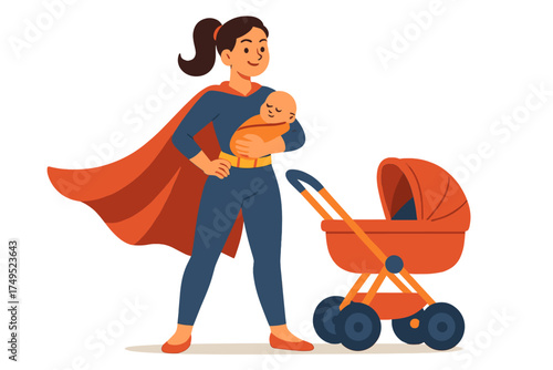 Powerful mother dressed as superhero holding newborn baby next to baby carriage