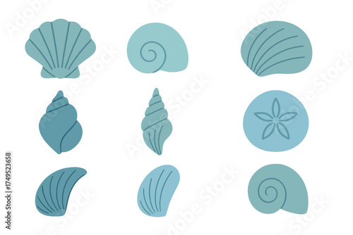 Collection of stylized seashells and marine life elements on a white background