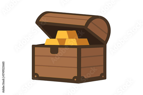 Classic open wooden chest containing a large stack of precious gold bullion bars