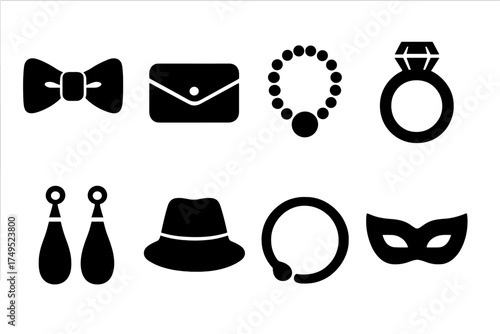 Party Accessories Icons. Party Accessories. Filled icon set of Party Accessories: bow tie, clutch bag,